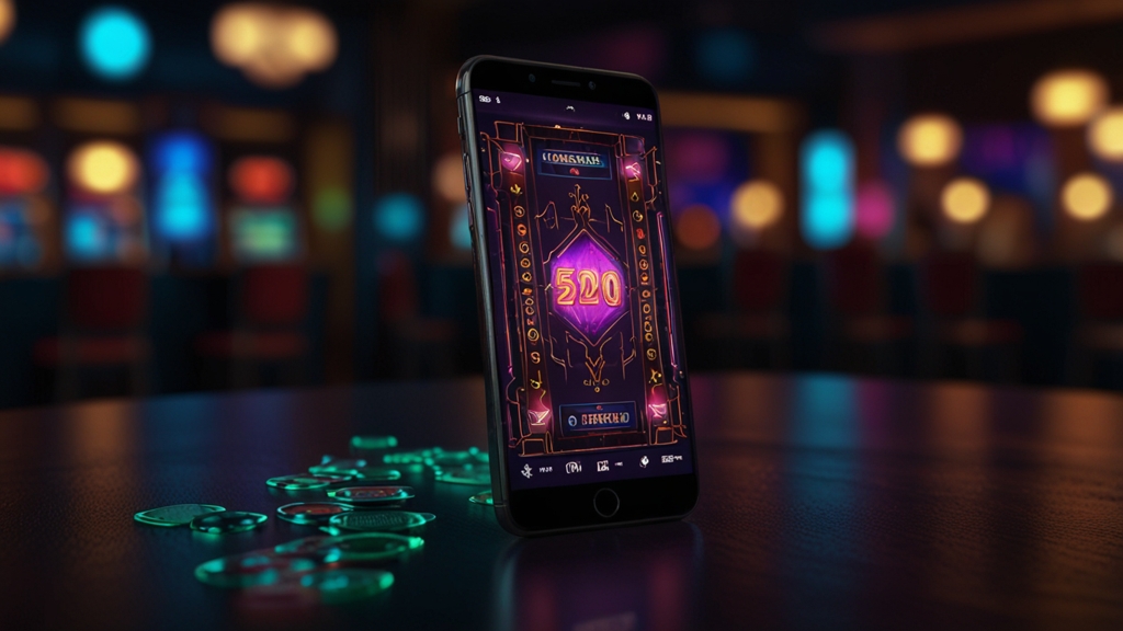Smartphone mit Downloadbildschirm in dunkler Casino-Atmosphäre