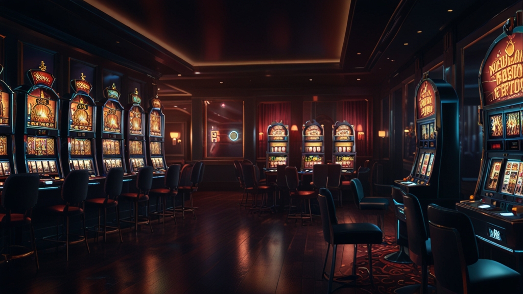 Casino-Übersicht mit Bonusarten, Spielautomaten und leuchtenden Aktionssymbolen