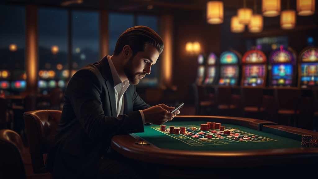 Person nutzt die Casino-App unterwegs in dunkler Lounge