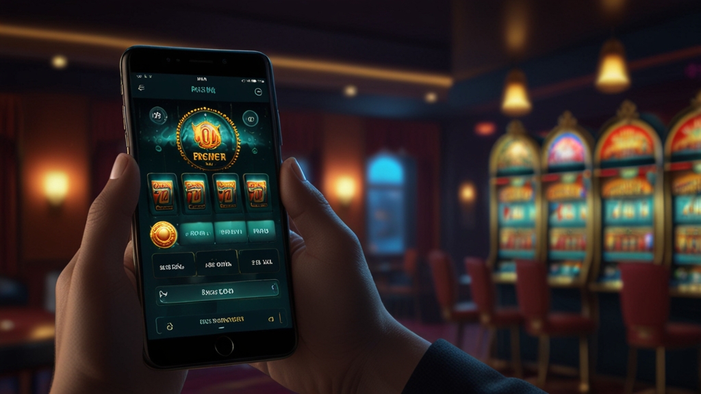 Spieler sieht am Handy ein No-Deposit-Angebot vor leuchtenden Spielautomaten