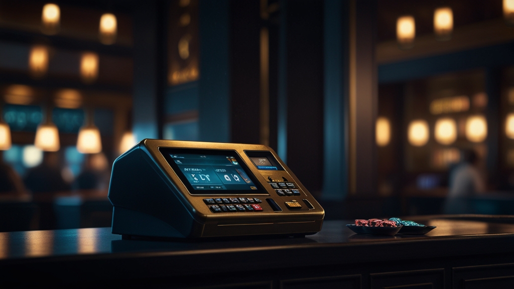 Zahlungsterminal im Casino mit Einzahlungsbestätigung und Chips